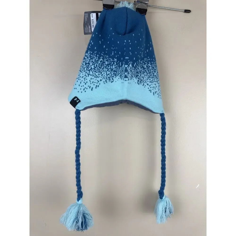 Under Armour Kids Youth Beanie Hat Blue Ombre Fleece Lined Pom Earflap Winter NW